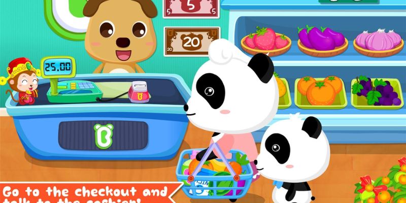Giao diện game Baby Panda’s Supermarket dễ sử dụng với các nhân vật dễ thương và hoạt động vui nhộn.