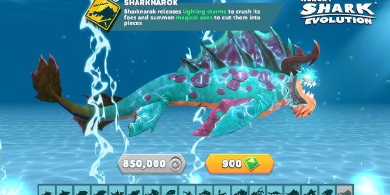 Giao diện game Hungry Shark Heroes với tính năng Bất Tử và One Hit trong phiên bản MOD APK.