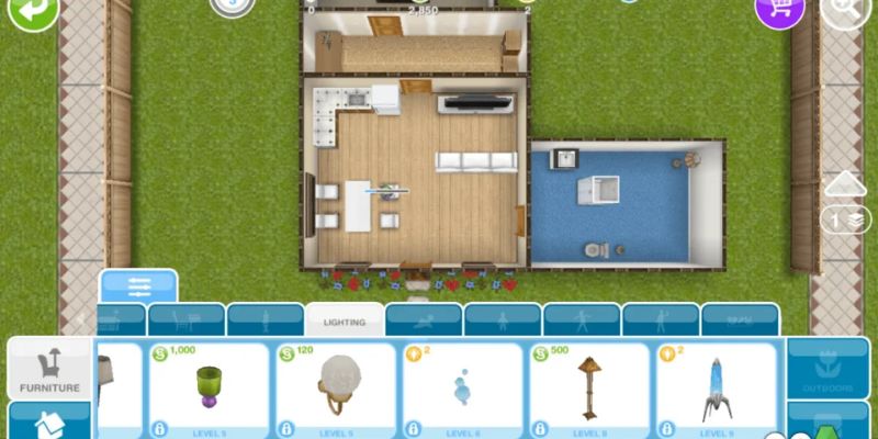 Alt: Hình ảnh trong game The Sims FreePlay, nơi bạn đang xây dựng ngôi nhà cho các nhân vật Sims.