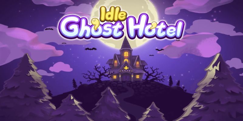 Alt: Hình ảnh khách sạn ma trong Idle Ghost Hotel với không gian bí ẩn và các hồn ma đang lưu trú.