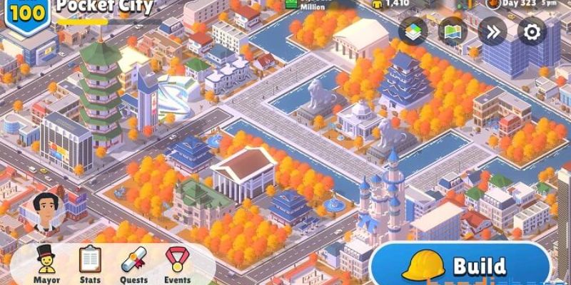 Alt: Hình ảnh người chơi trong Pocket City 2 MOD APK xây dựng thành phố mà không bị gián đoạn bởi quảng cáo.