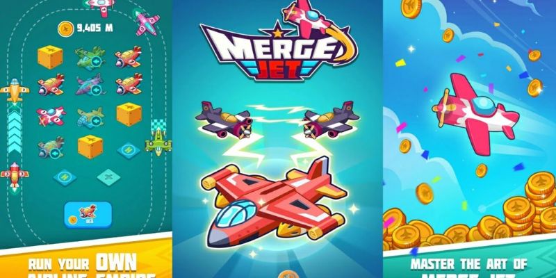 Hình ảnh game Merge Planes Empire với các máy bay đang được nâng cấp.