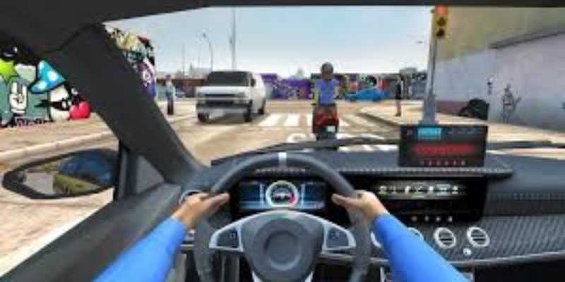 Alt: Hình ảnh đồ họa trong Taxi Sim 2022 Mod APK khi lái xe qua các con phố thành phố.