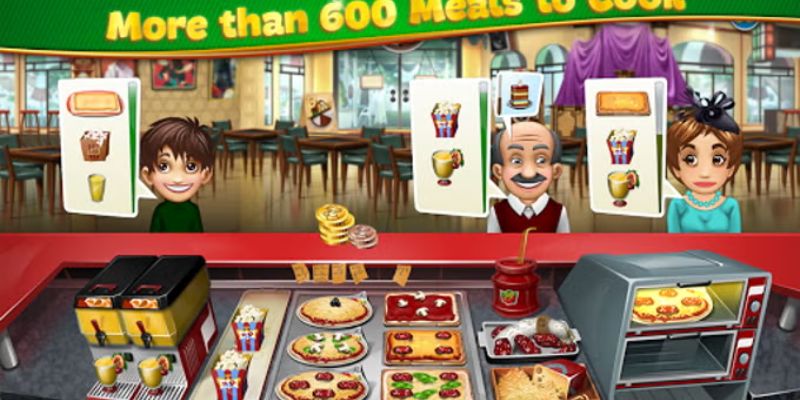 Alt: Hình ảnh khách hàng thưởng thức món ăn ngon trong nhà hàng của bạn trong Cooking Fever Mod APK.