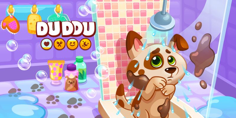Duddu trong game đang vui đùa với chủ nhân, thể hiện sự thân thiện và đáng yêu.
