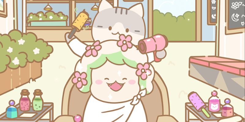 Hình ảnh một spa dành cho mèo trong game Cat Spa, với các hoạt động tắm và làm đẹp cho mèo.