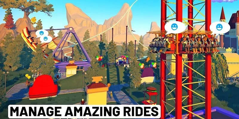Hình ảnh công viên giải trí trong game Real Coaster: Idle Game với các trò chơi cảm giác mạnh.
