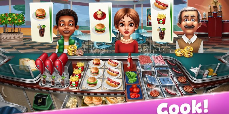 Alt: Hình ảnh người chơi trong Cooking Fever Mod APK đang phục vụ món ăn mà không bị quảng cáo gián đoạn.
