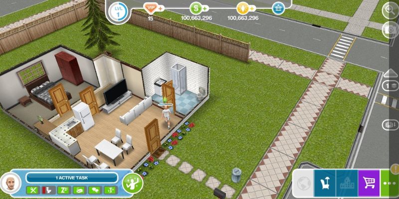 Alt: Hình ảnh gia đình Sims đang thưởng thức cuộc sống trong ngôi nhà được trang trí đẹp mắt.