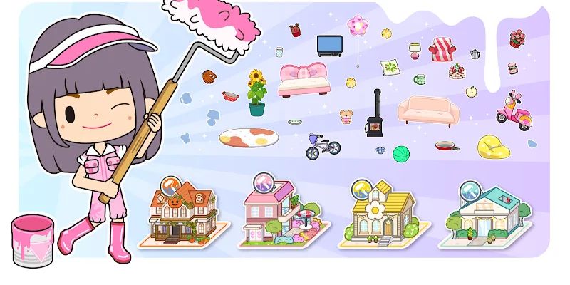 Giao diện game Miga Town: My World với tính năng mở khóa tất cả các khu vực và vật phẩm.