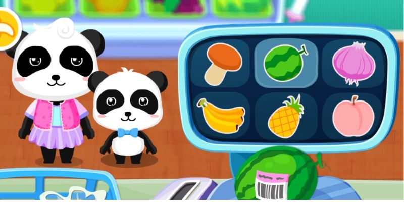 Giao diện game Baby Panda’s Supermarket với đồ họa dễ thương và các tính năng đặc biệt trong phiên bản MOD APK.