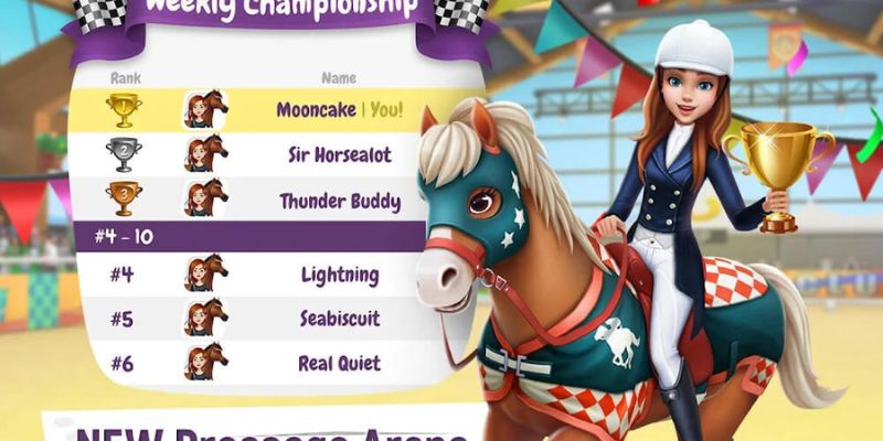 Alt: Hình ảnh người chơi đang huấn luyện ngựa và tham gia vào một cuộc thi trong game My Horse Stories.