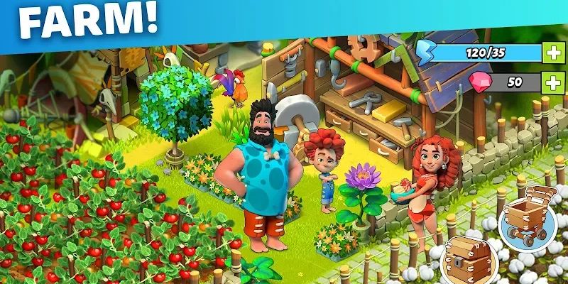 Alt: Hình ảnh trong Family Island Mod APK khi người chơi xây dựng đảo và trồng trọt.