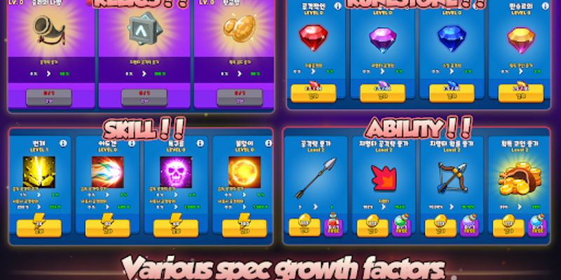 Màn hình giao diện trong Grow Archer Chaser Mod APK, nơi người chơi có thể nâng cấp và nhận phần thưởng hấp dẫn