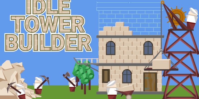 Hình ảnh trong game Idle Tower Builder khi người chơi đang xây dựng một tòa tháp khổng lồ.