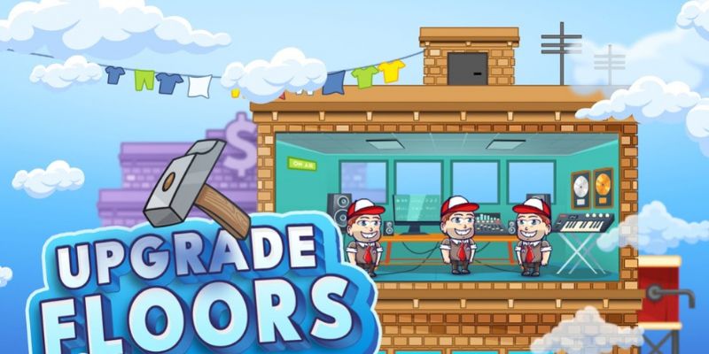 Hình ảnh quá trình xây dựng tòa tháp trong game Idle Tower Builder với đầy đủ tài nguyên.